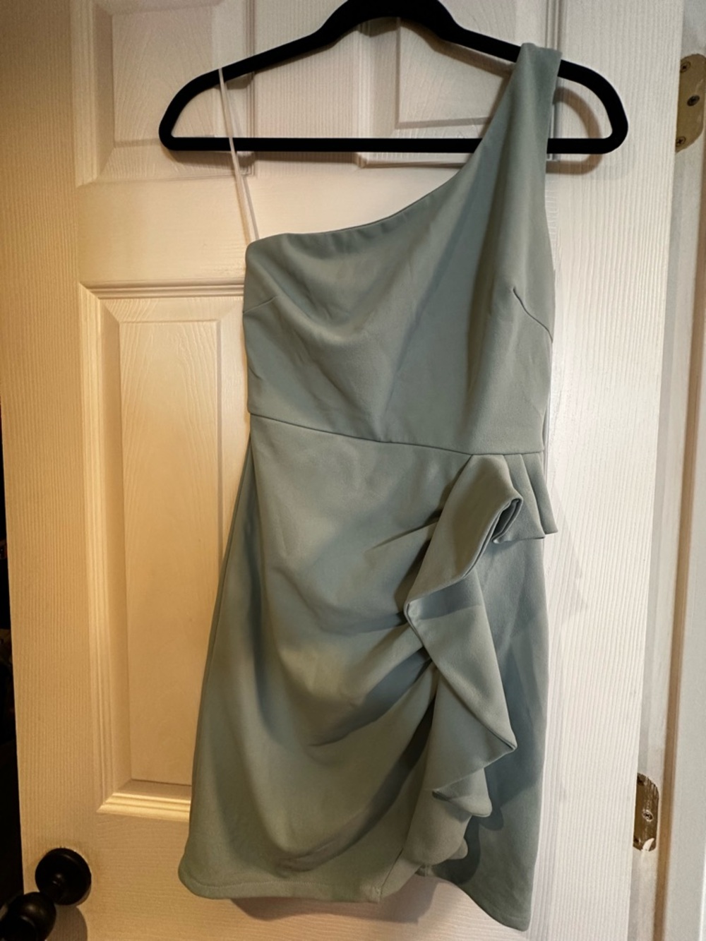 Hello Molly One-Shoulder Dusty Sage Ruffle Mini Dress